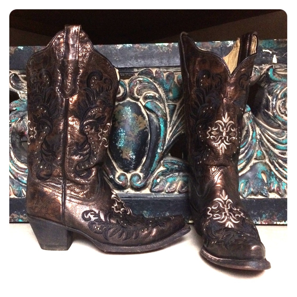 COPY - Black & Copper metallic studded Corral boots 7.5